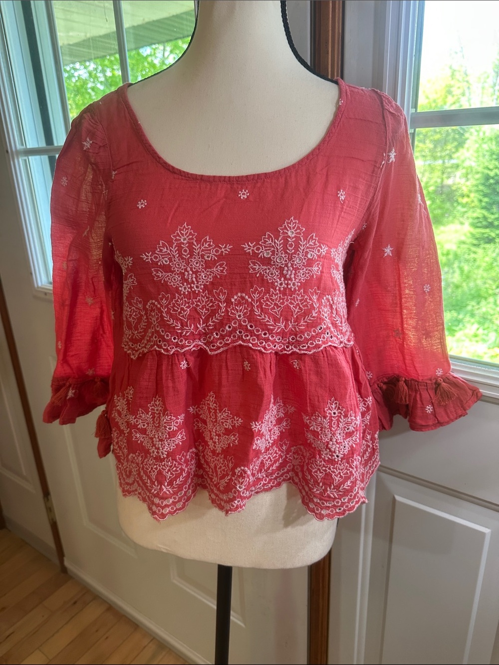 American Eagle Embroidered Red Peasant Top with Scoop Neck